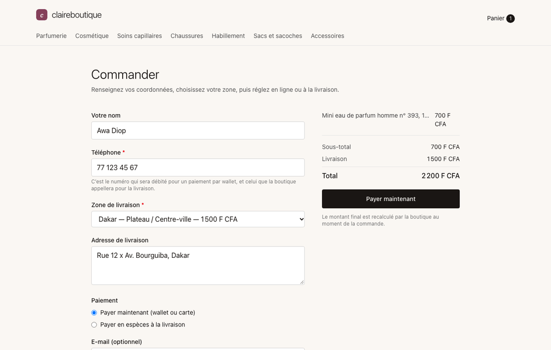 La page de commande : le total se met à jour dès que vous choisissez votre zone.
